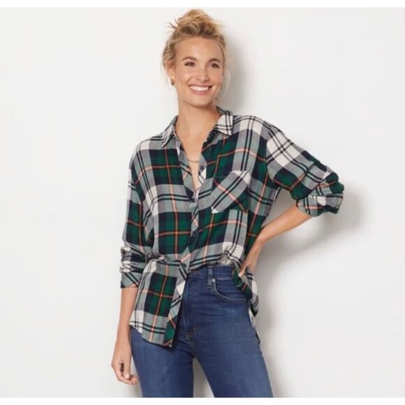 Rails Womens Medium Hunter Forest Navy Stone Plaid Button Up Shirt Long Sleeve - Picture 4 of 12